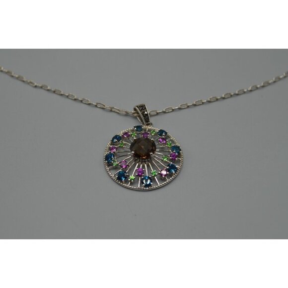 Sunburst Topaz Pendant Sterling Silver 925 ATR Pink Green Blue Stones Necklace - Picture 3 of 10